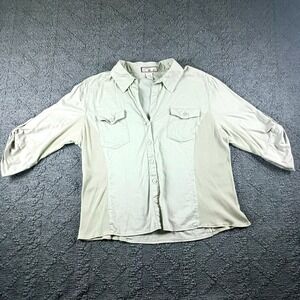 Women's Petite Large Sage Green Cotton Ribbed Panel Button Up Shirt